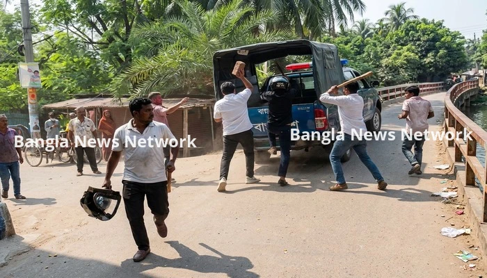 গোপালগঞ্জে নিষিদ্ধ ছাত্রলীগ ও যুবলীগের মিছিল থেকে পুলিশের গাড়িতে হামলা, ভাঙচুর ও ৩ সদস্যকে মারধর